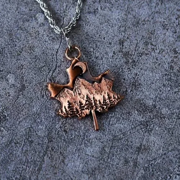 Maple Leaf Pendant Necklace with Mountains and Moon #1124 - Picture 3 of 8